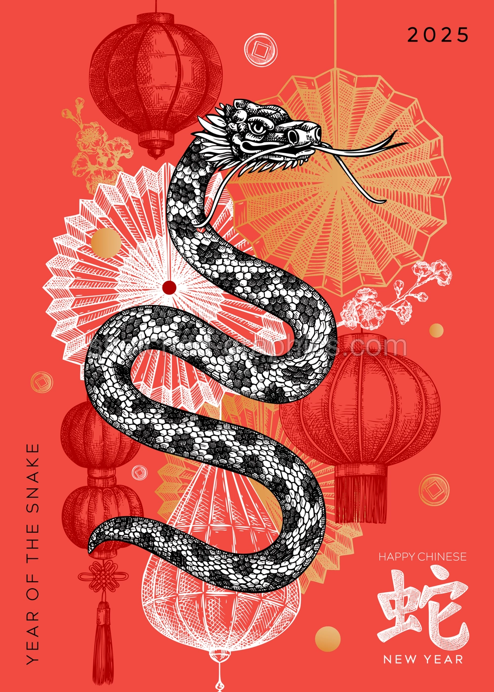 Chinese New Year greeting card. Snake sketch. 2025 Lunar New Year party invitation. Hand-drawn vector illustration. NOT AI generated Illustration